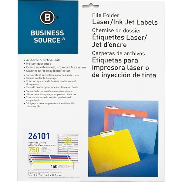 Business Source File Folder Labels, Laser/Inkjet, 2/3"x3-7/16", 750/PK, AST PK BSN26101